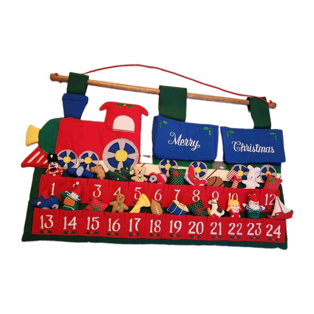 Vtg Dillards Countdown to Christmas Train Fabric Hanging Advent Calendar 24 Days